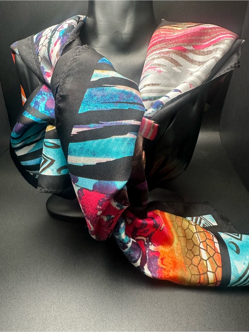 Adrienne Landau Studio — Multicolor Abstract Silk Scarf (Black, Turquoise, Coral